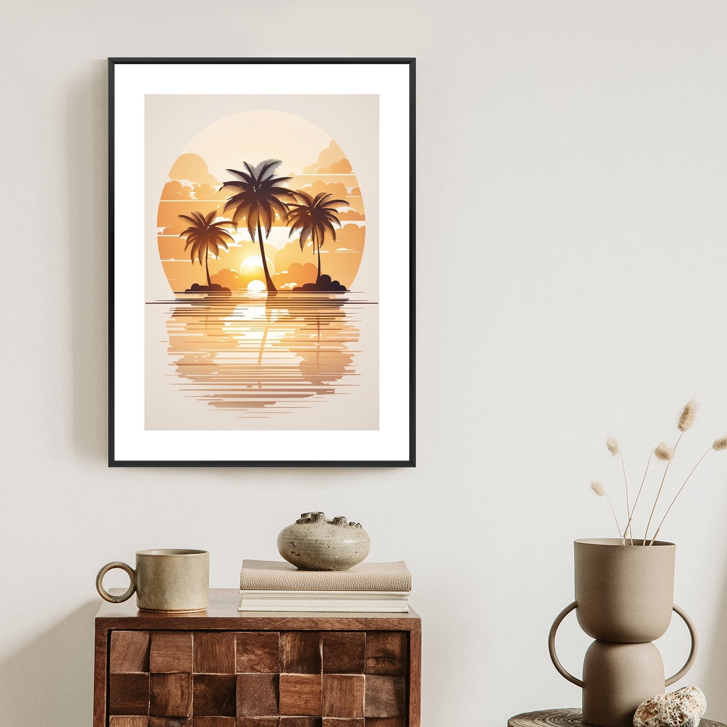 Poster Sonnenuntergang Und Drei Palmen Rahmen Holz Mit Passepartout Farbe Natürlich