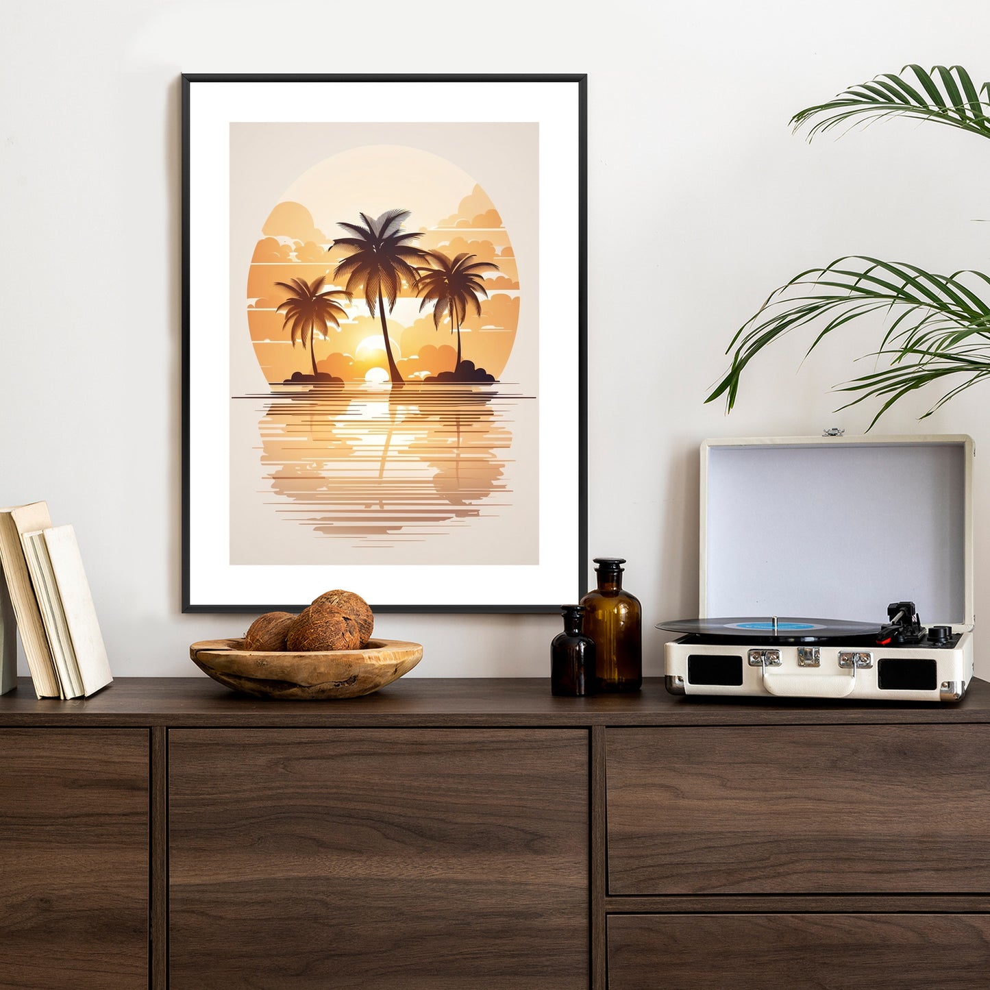 Poster Sonnenuntergang Und Drei Palmen Rahmen Holz Mit Passepartout Farbe Natürlich