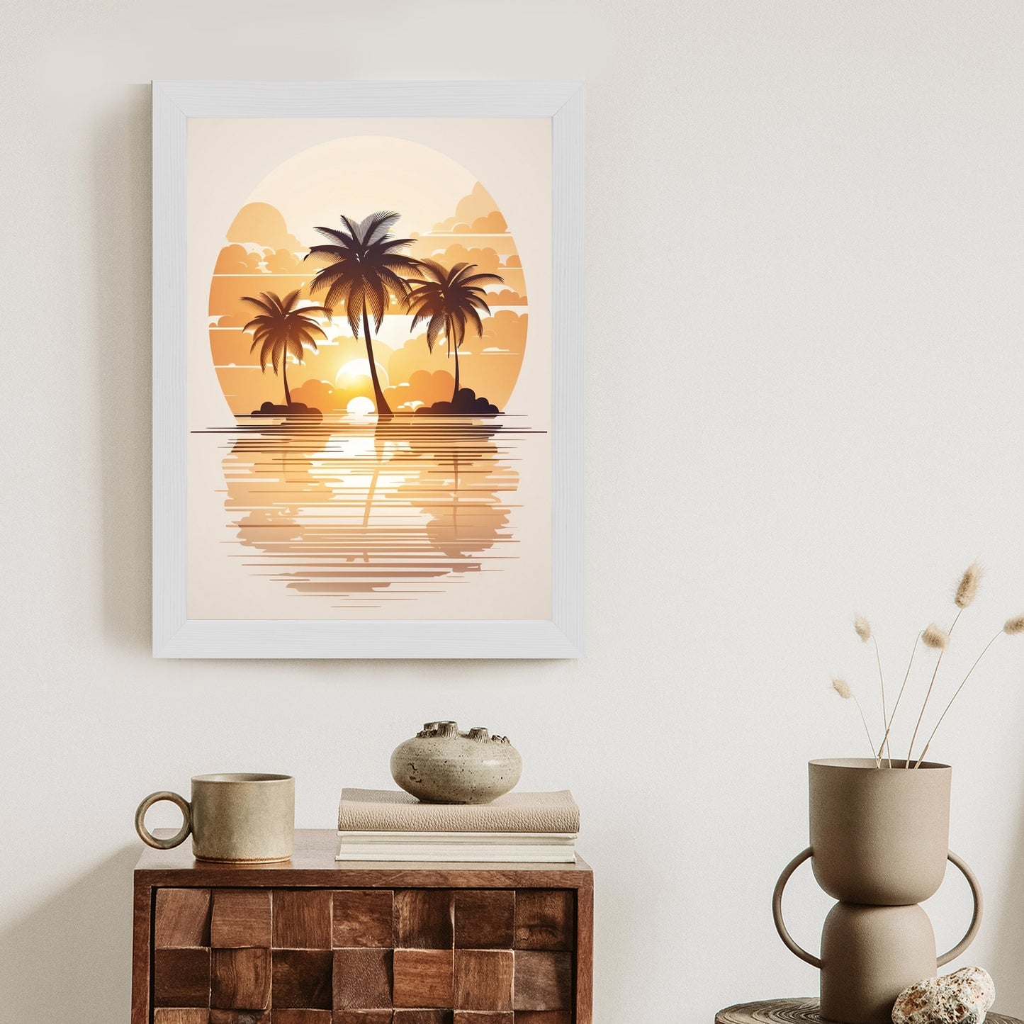 Poster Sonnenuntergang Und Drei Palmen Rahmen Holz Mit Passepartout Farbe Natürlich