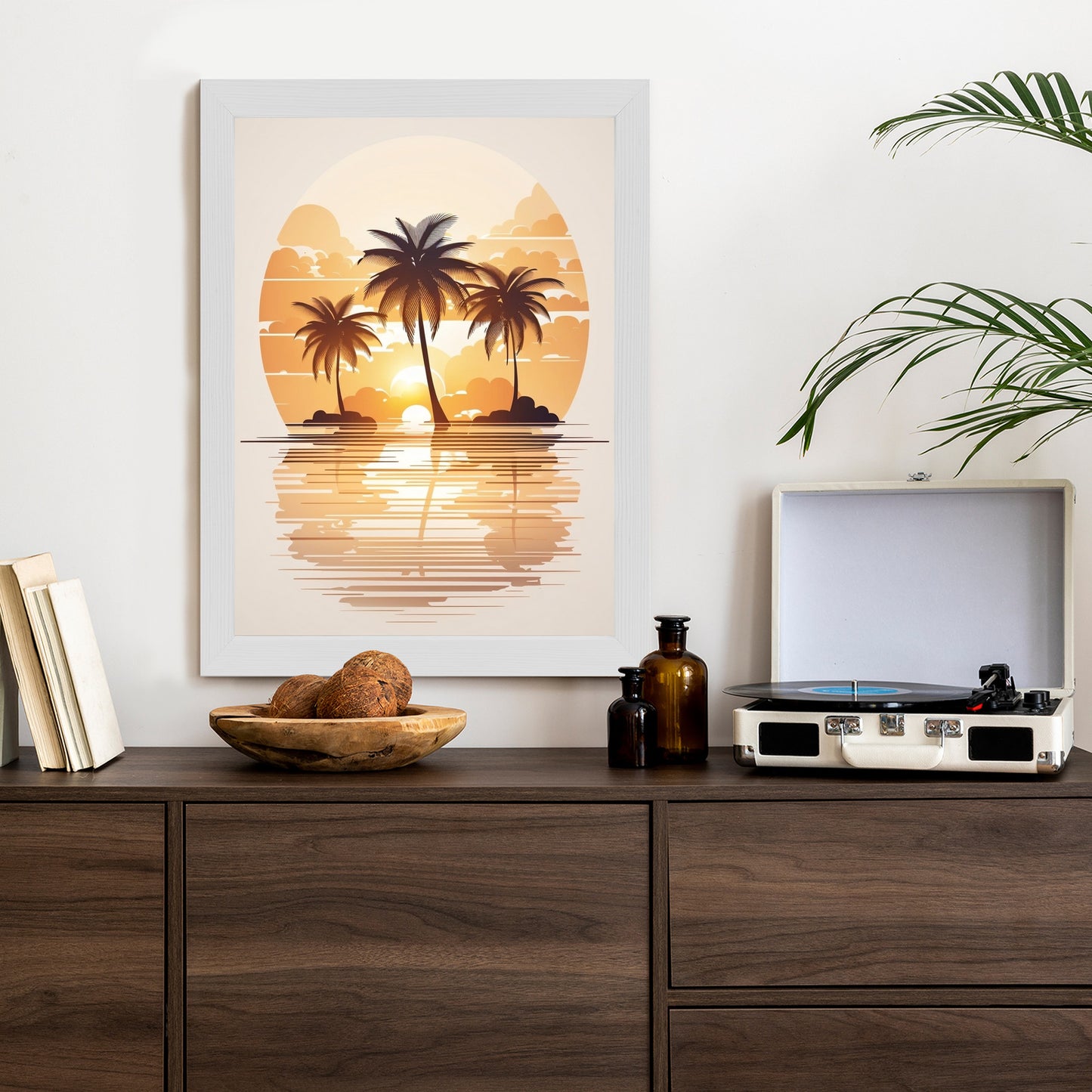 Poster Sonnenuntergang Und Drei Palmen Rahmen Holz Mit Passepartout Farbe Natürlich