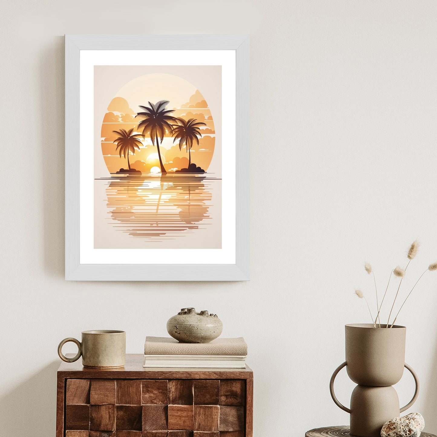 Poster Sonnenuntergang Und Drei Palmen Rahmen Holz Mit Passepartout Farbe Natürlich
