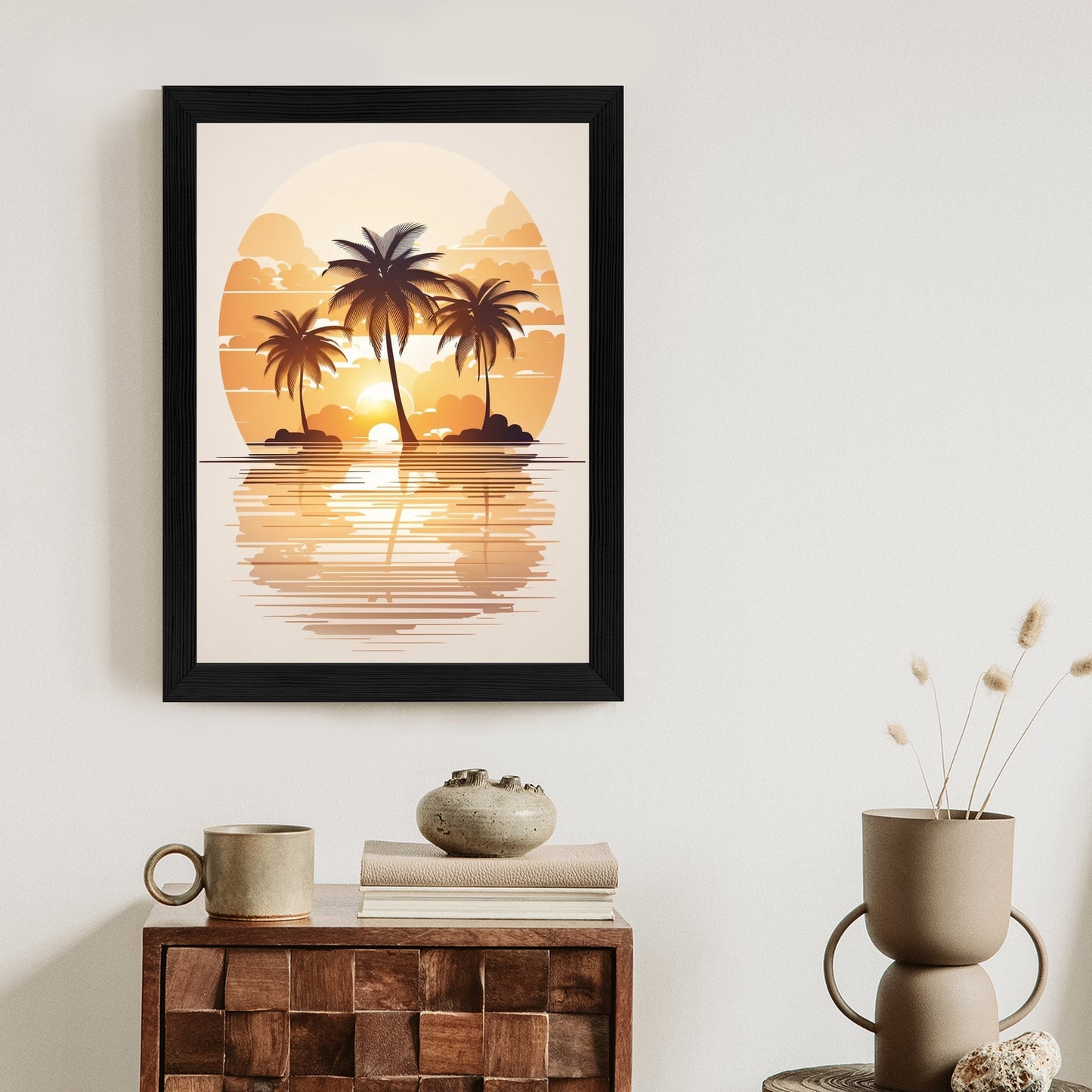 Poster Sonnenuntergang Und Drei Palmen Rahmen Holz Mit Passepartout Farbe Natürlich