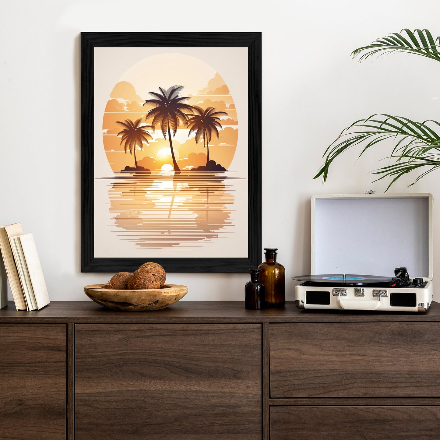 Poster Sonnenuntergang Und Drei Palmen Rahmen Holz Mit Passepartout Farbe Natürlich