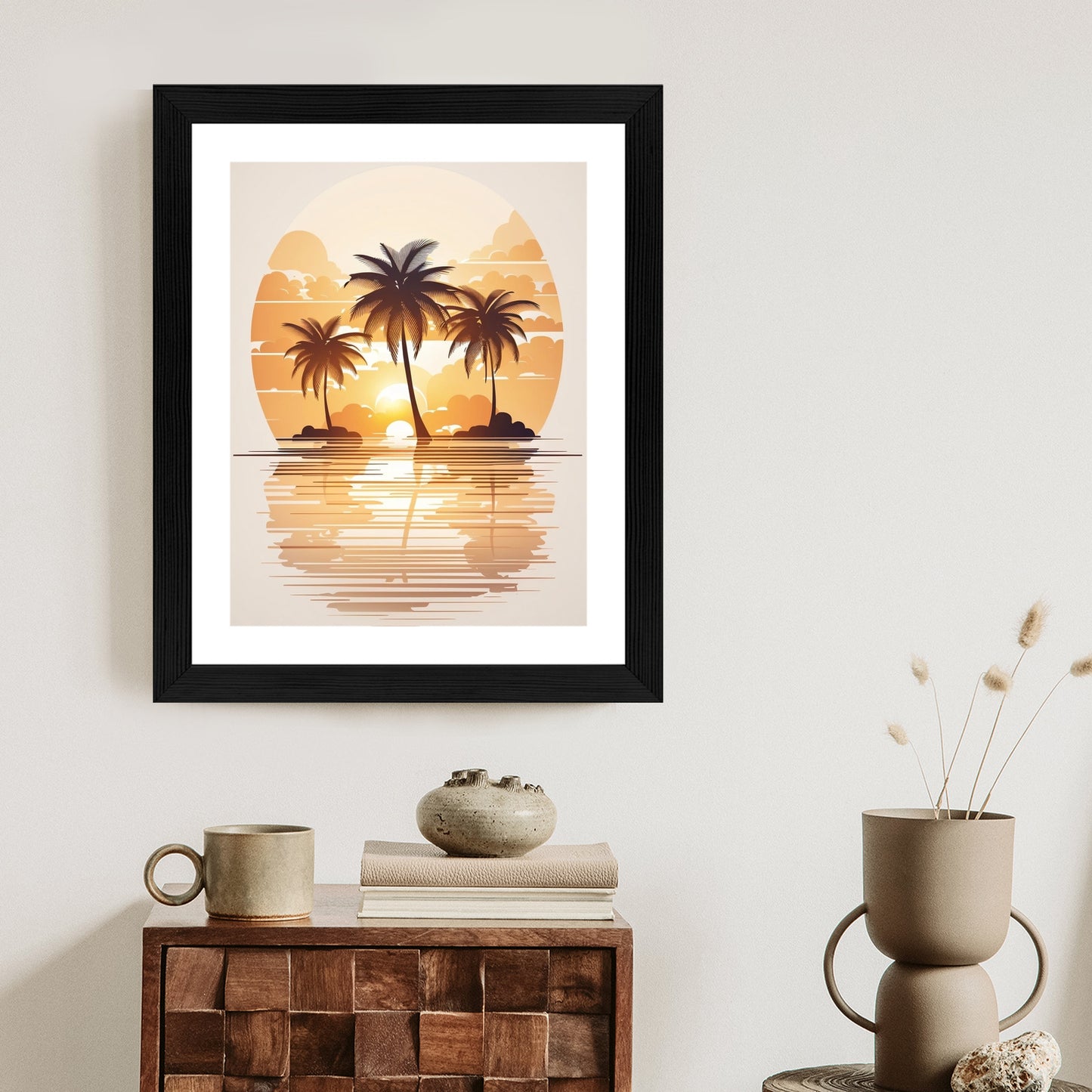 Poster Sonnenuntergang Und Drei Palmen Rahmen Holz Mit Passepartout Farbe Natürlich