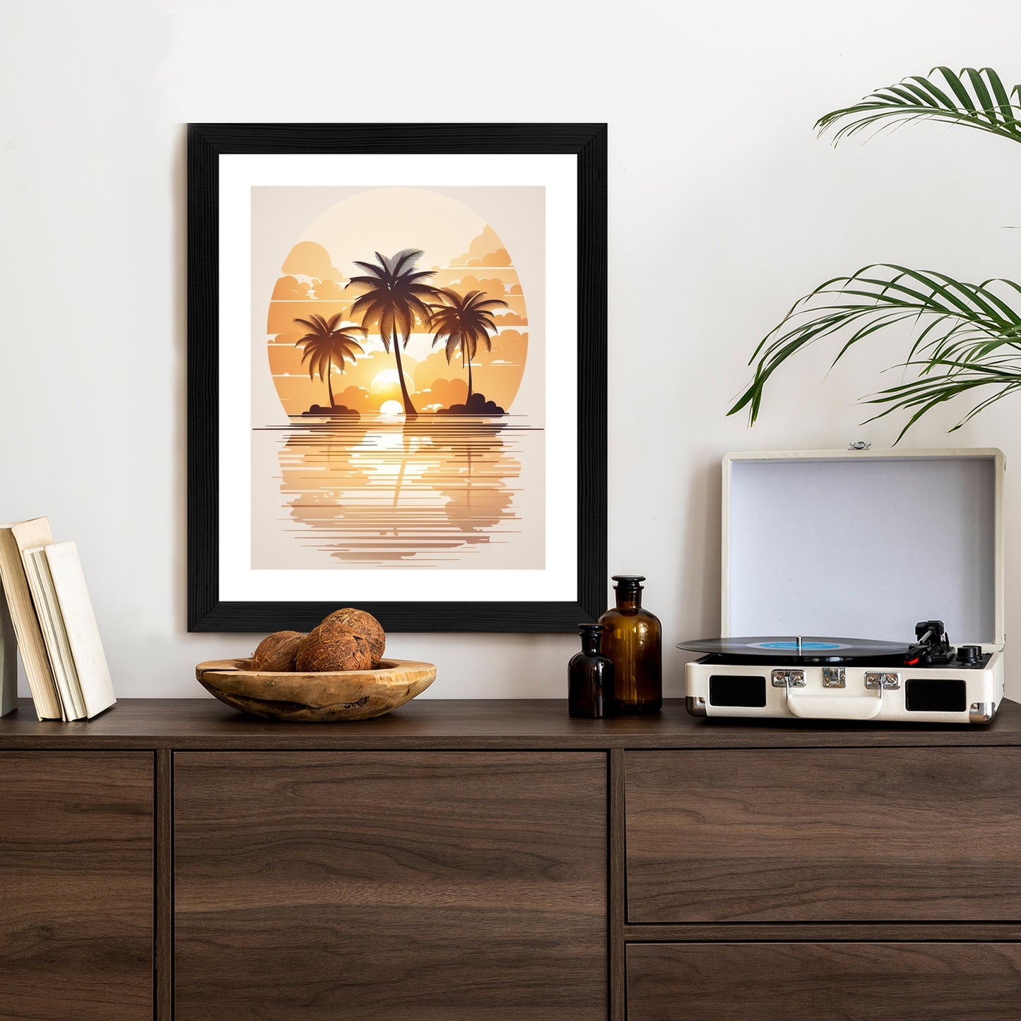 Poster Sonnenuntergang Und Drei Palmen Rahmen Holz Mit Passepartout Farbe Natürlich