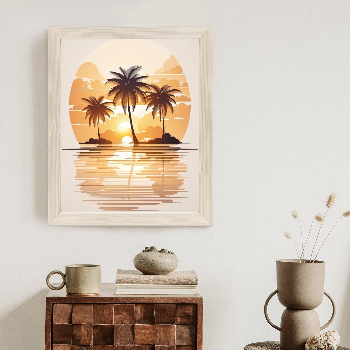 Poster Sonnenuntergang Und Drei Palmen Rahmen Holz Mit Passepartout Farbe Natürlich