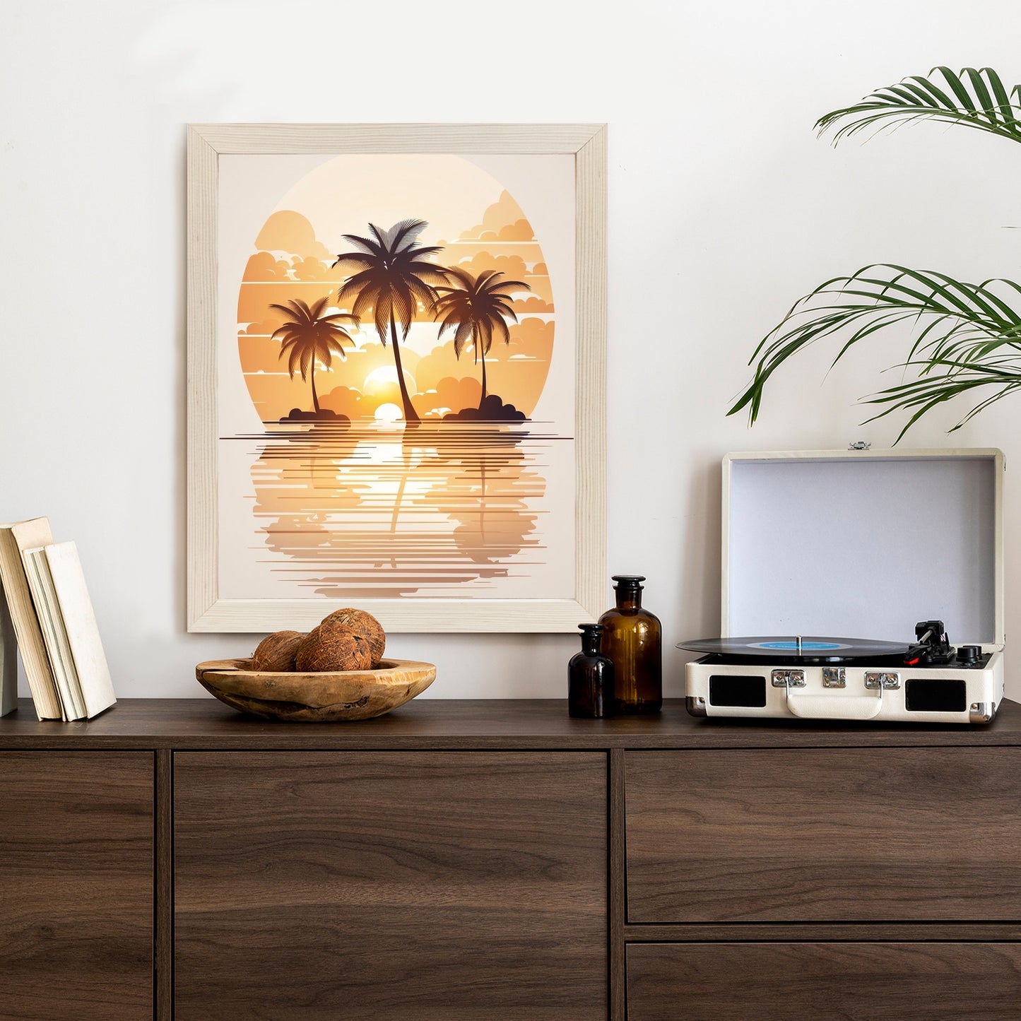 Poster Sonnenuntergang Und Drei Palmen Rahmen Holz Mit Passepartout Farbe Natürlich
