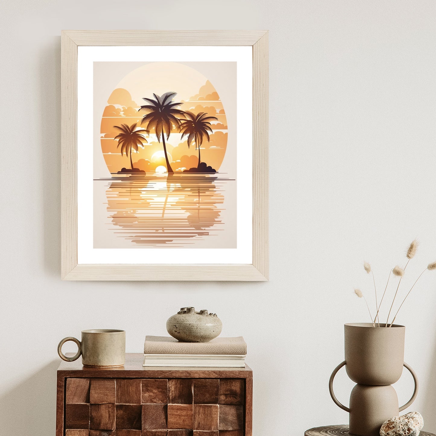Poster Sonnenuntergang Und Drei Palmen Rahmen Holz Mit Passepartout Farbe Natürlich