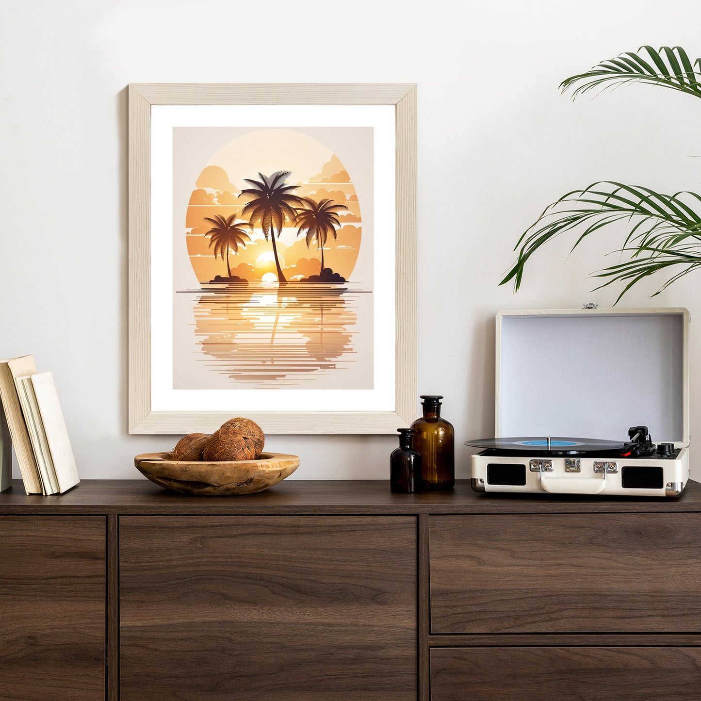 Poster Sonnenuntergang Und Drei Palmen Rahmen Holz Mit Passepartout Farbe Natürlich