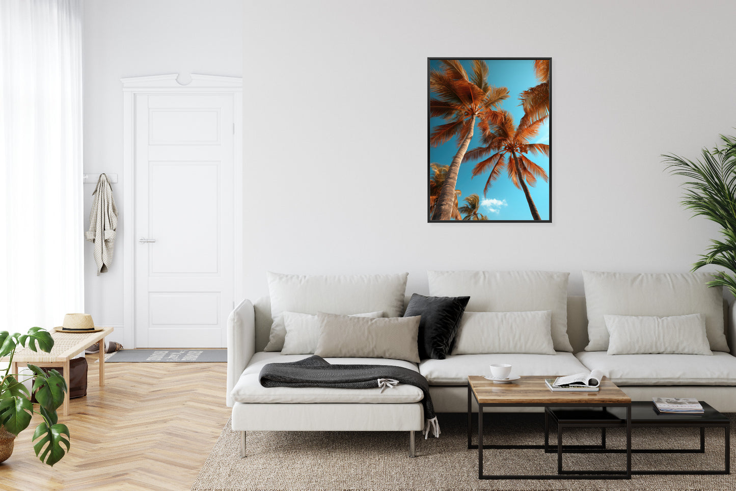 Poster Blauer Himmel Und Hohe Palmen Rahmen Holz Mit Passepartout Farbe Natürlich