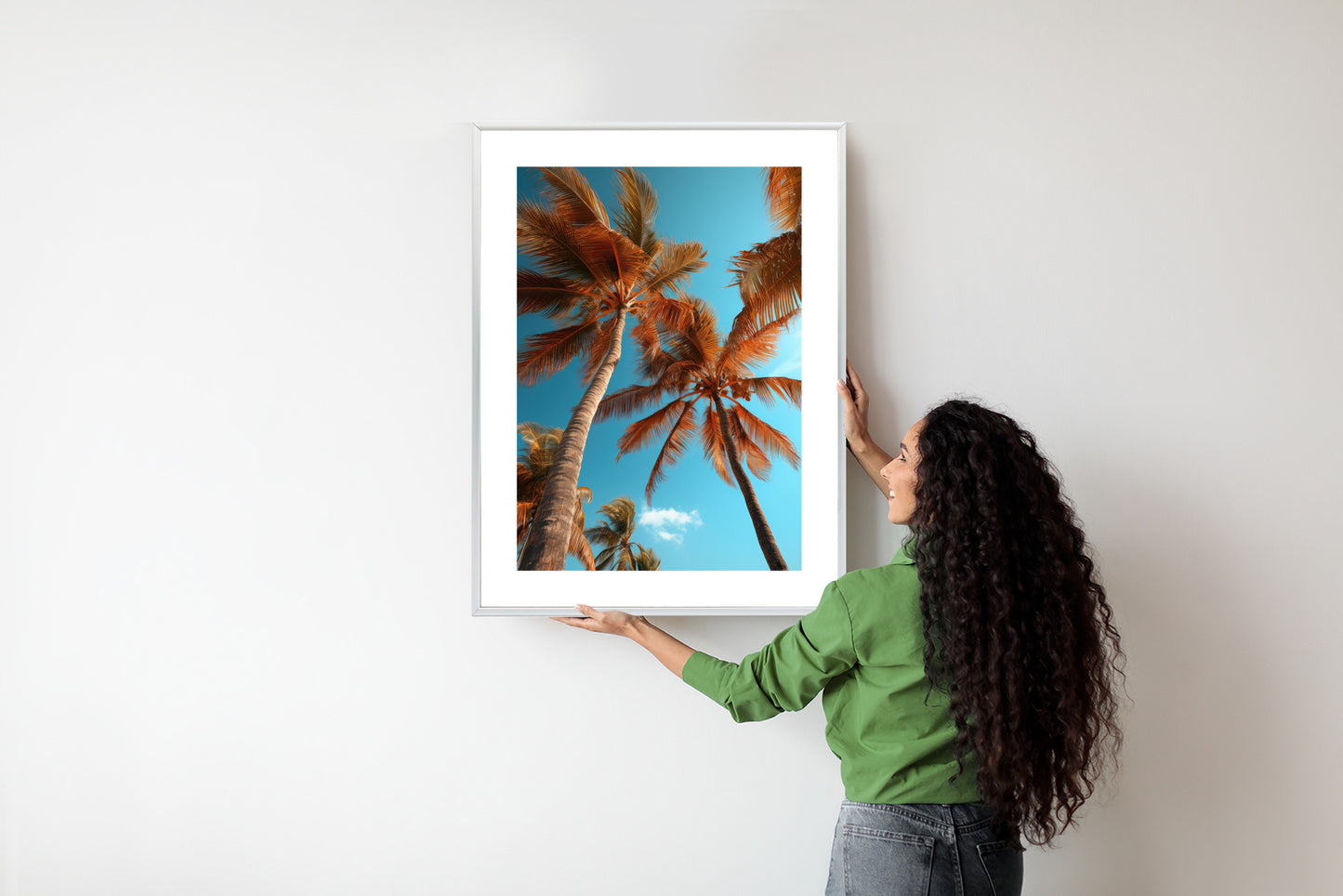 Poster Blauer Himmel Und Hohe Palmen Rahmen Holz Mit Passepartout Farbe Natürlich
