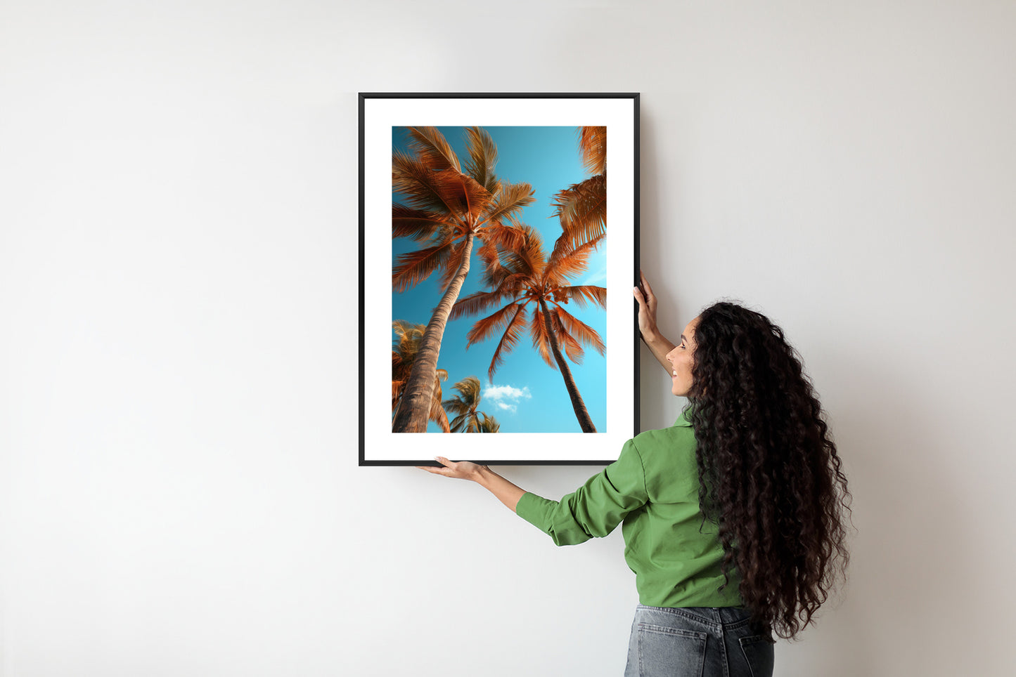 Poster Blauer Himmel Und Hohe Palmen Rahmen Holz Mit Passepartout Farbe Natürlich