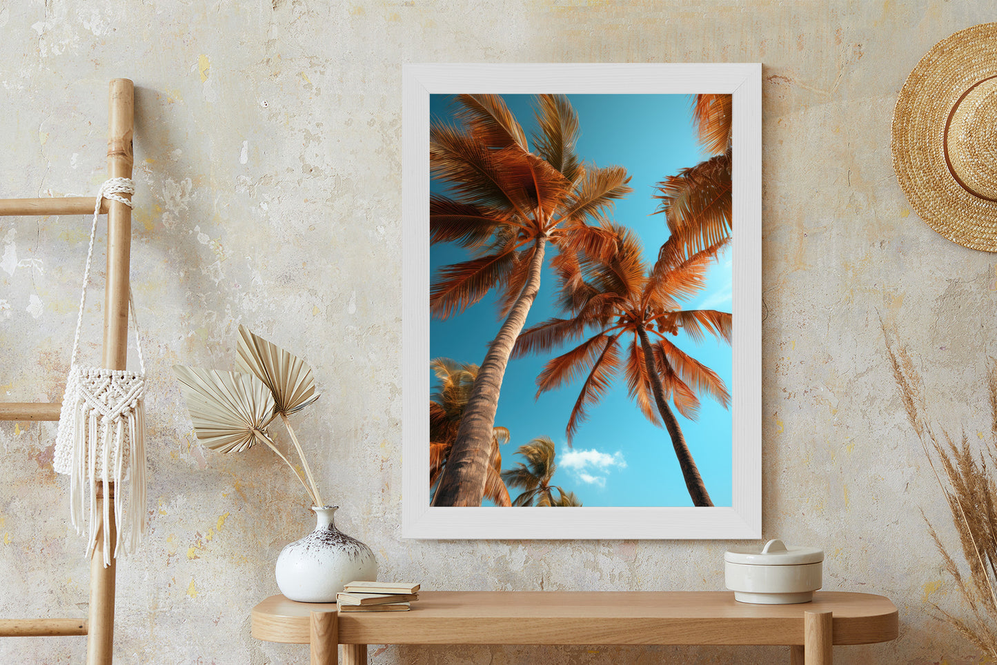 Poster Blauer Himmel Und Hohe Palmen Rahmen Holz Mit Passepartout Farbe Natürlich