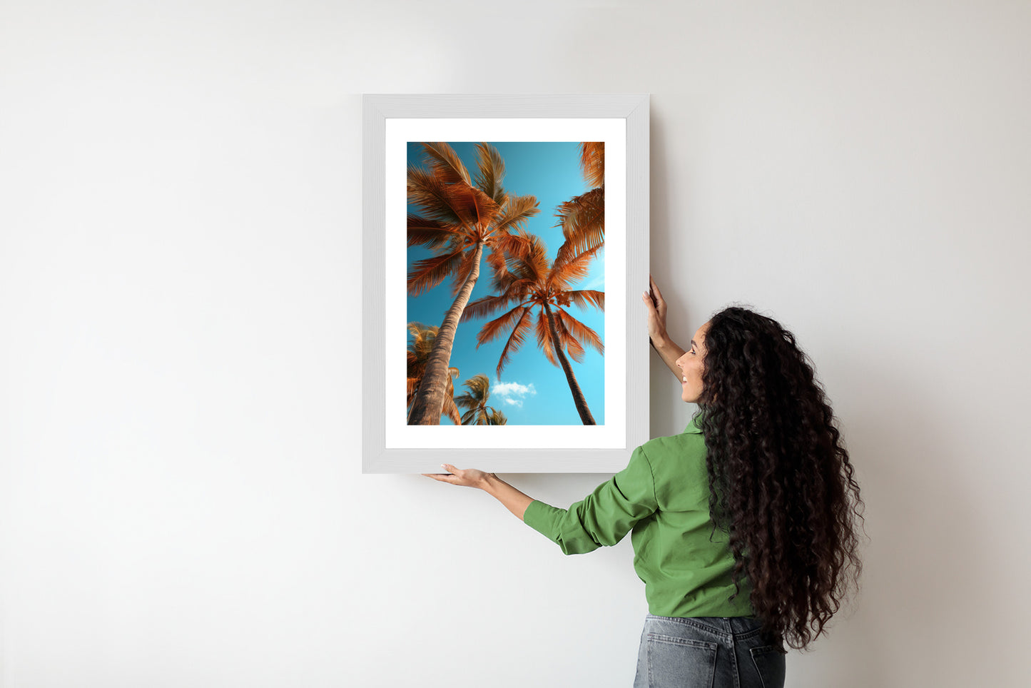 Poster Blauer Himmel Und Hohe Palmen Rahmen Holz Mit Passepartout Farbe Natürlich