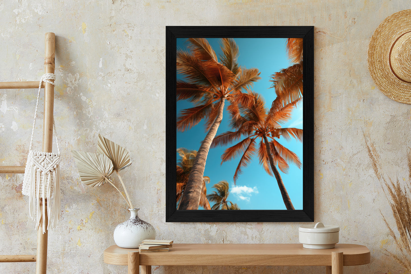 Poster Blauer Himmel Und Hohe Palmen Rahmen Holz Mit Passepartout Farbe Natürlich
