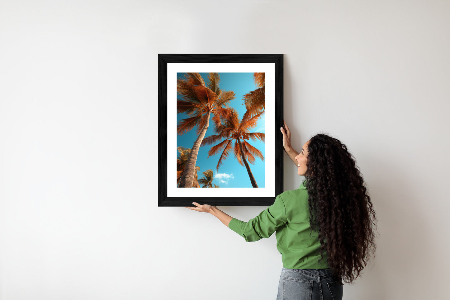Poster Blauer Himmel Und Hohe Palmen Rahmen Holz Mit Passepartout Farbe Natürlich