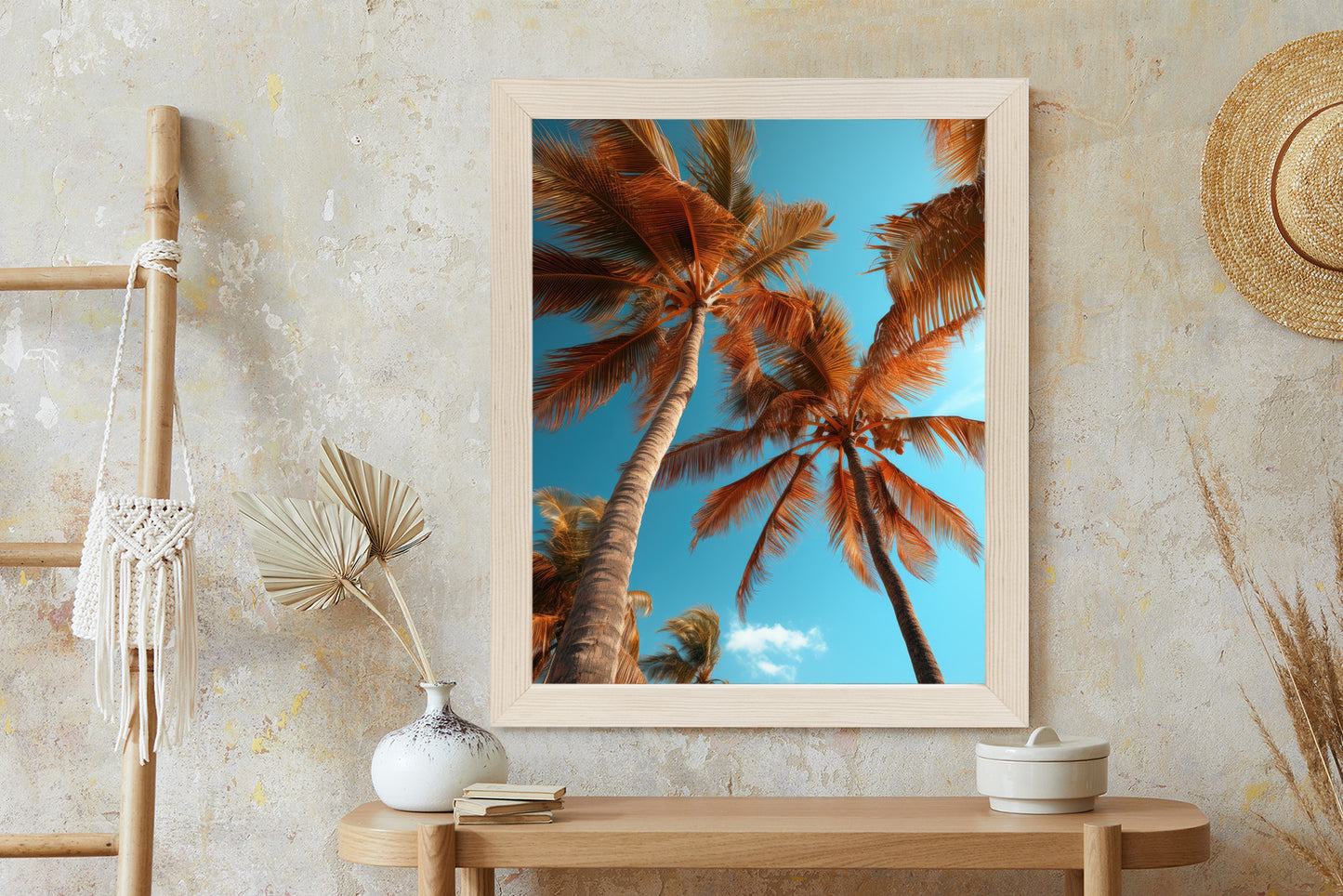 Poster Blauer Himmel Und Hohe Palmen Rahmen Holz Mit Passepartout Farbe Natürlich