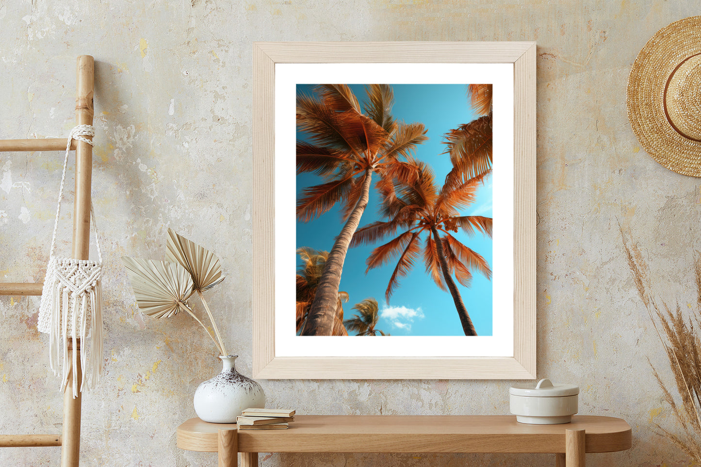 Poster Blauer Himmel Und Hohe Palmen Rahmen Holz Mit Passepartout Farbe Natürlich