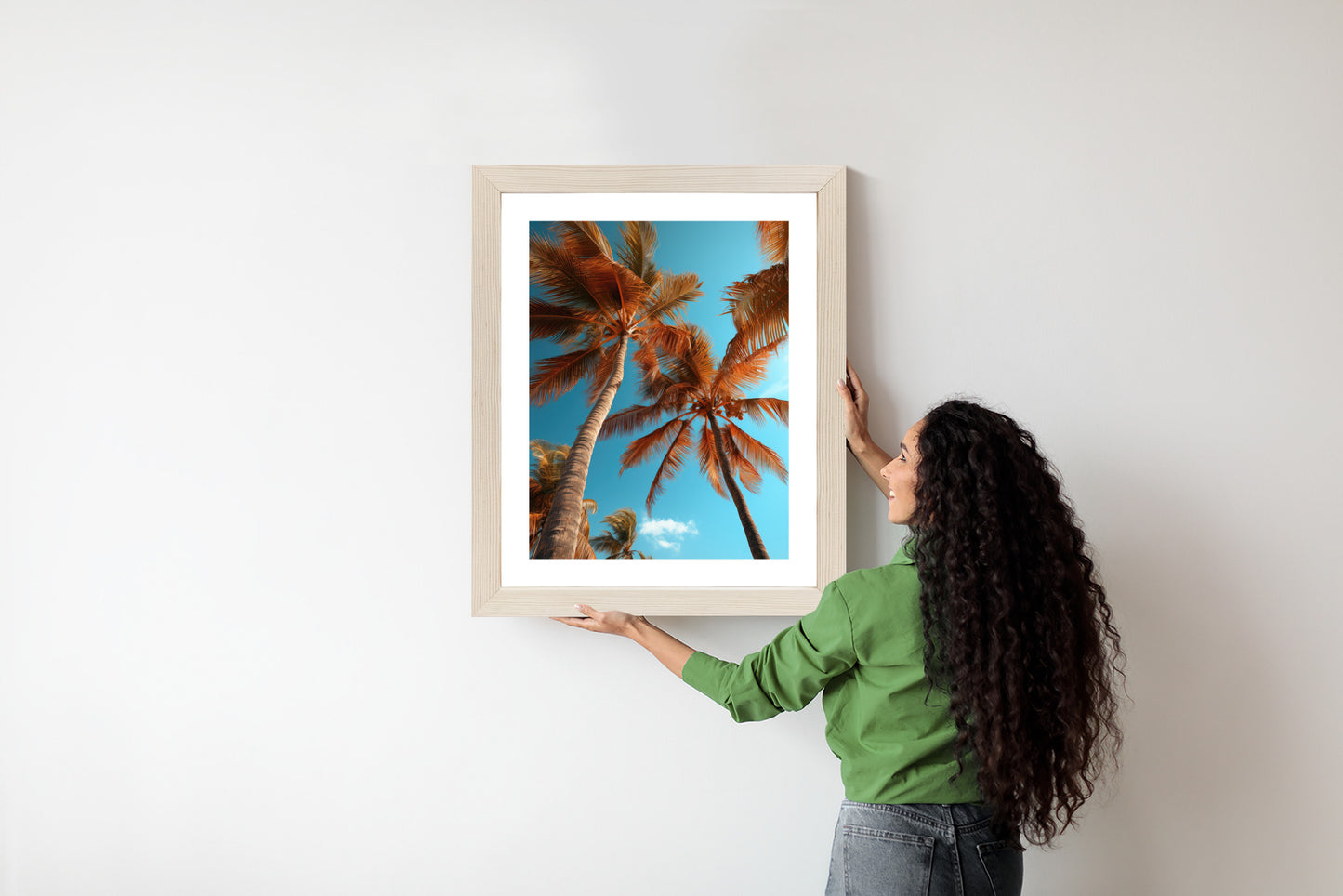 Poster Blauer Himmel Und Hohe Palmen Rahmen Holz Mit Passepartout Farbe Natürlich