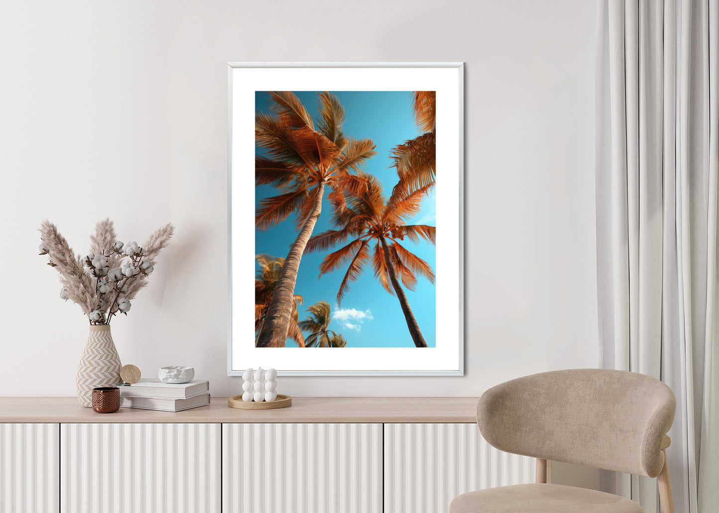 Poster Blauer Himmel Und Hohe Palmen Rahmen Holz Mit Passepartout Farbe Natürlich
