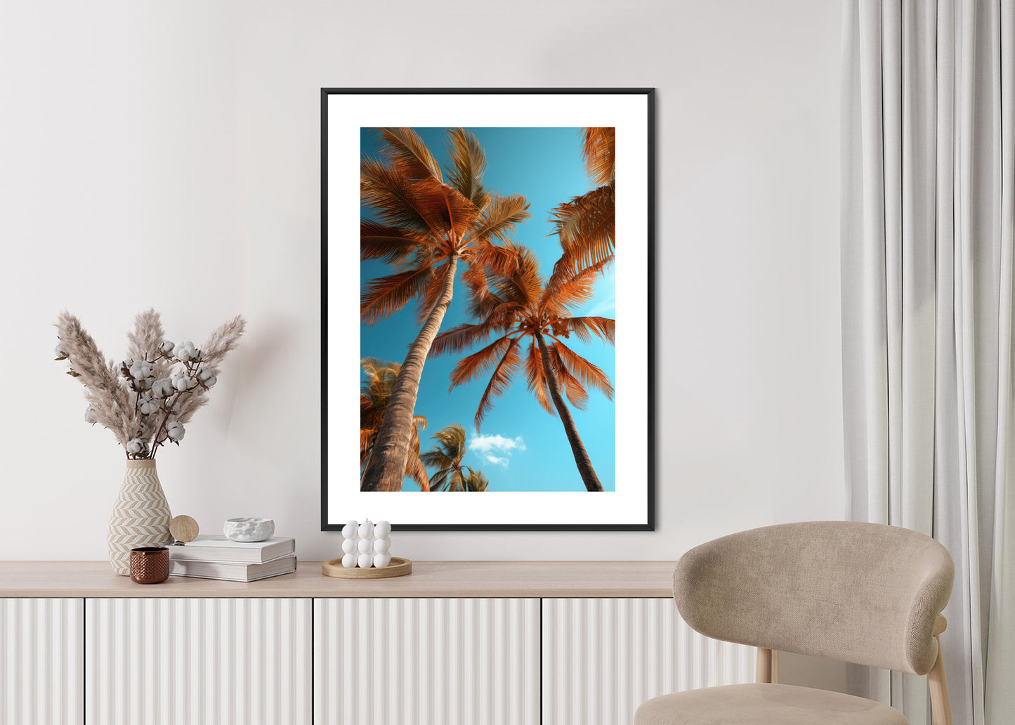 Poster Blauer Himmel Und Hohe Palmen Rahmen Holz Mit Passepartout Farbe Natürlich