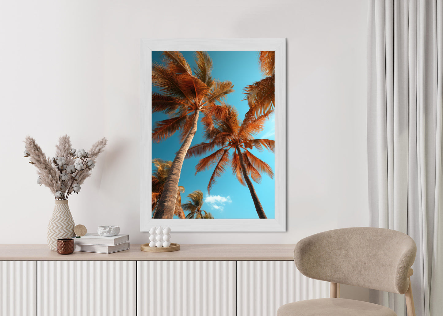 Poster Blauer Himmel Und Hohe Palmen Rahmen Holz Mit Passepartout Farbe Natürlich