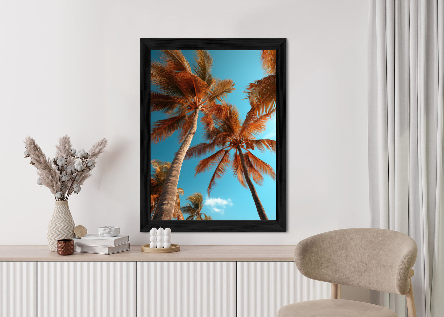 Poster Blauer Himmel Und Hohe Palmen Rahmen Holz Mit Passepartout Farbe Natürlich