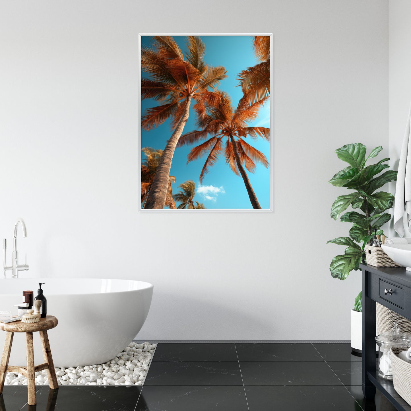 Poster Blauer Himmel Und Hohe Palmen Rahmen Holz Mit Passepartout Farbe Natürlich