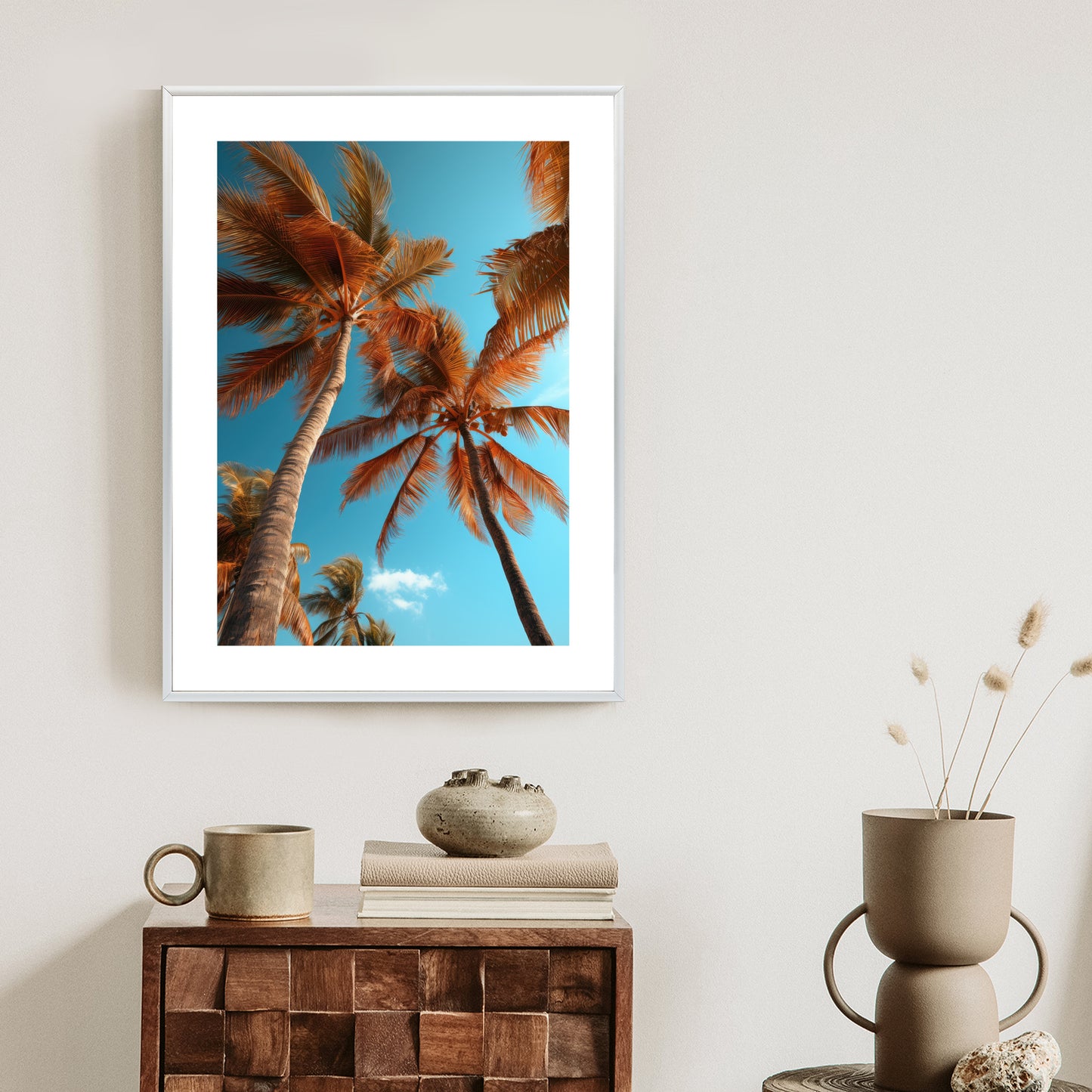 Poster Blauer Himmel Und Hohe Palmen Rahmen Holz Mit Passepartout Farbe Natürlich