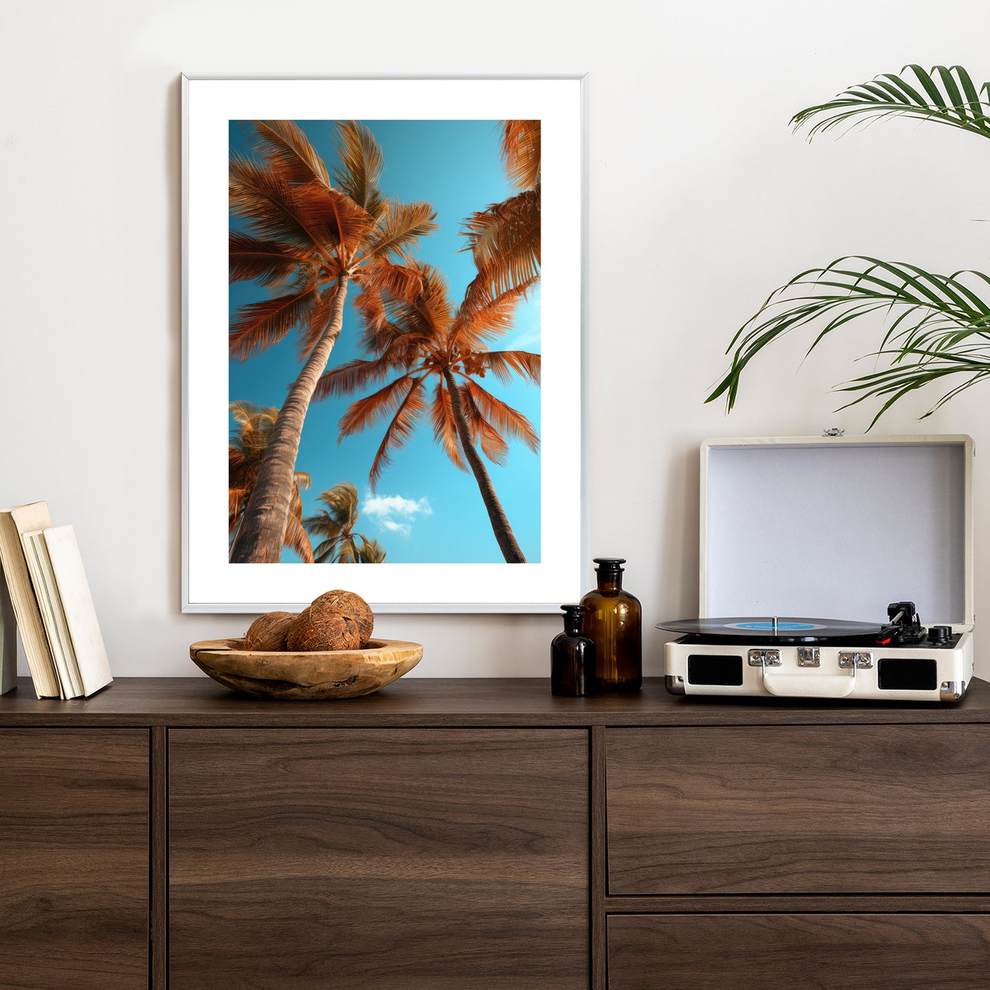 Poster Blauer Himmel Und Hohe Palmen Rahmen Holz Mit Passepartout Farbe Natürlich