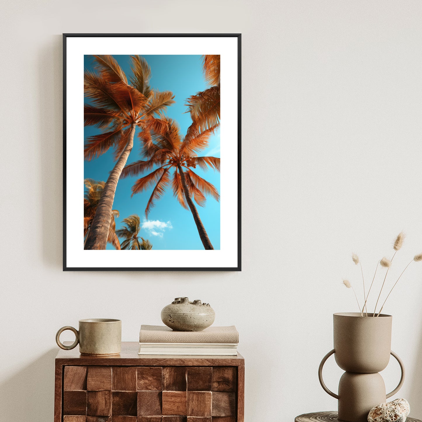 Poster Blauer Himmel Und Hohe Palmen Rahmen Holz Mit Passepartout Farbe Natürlich