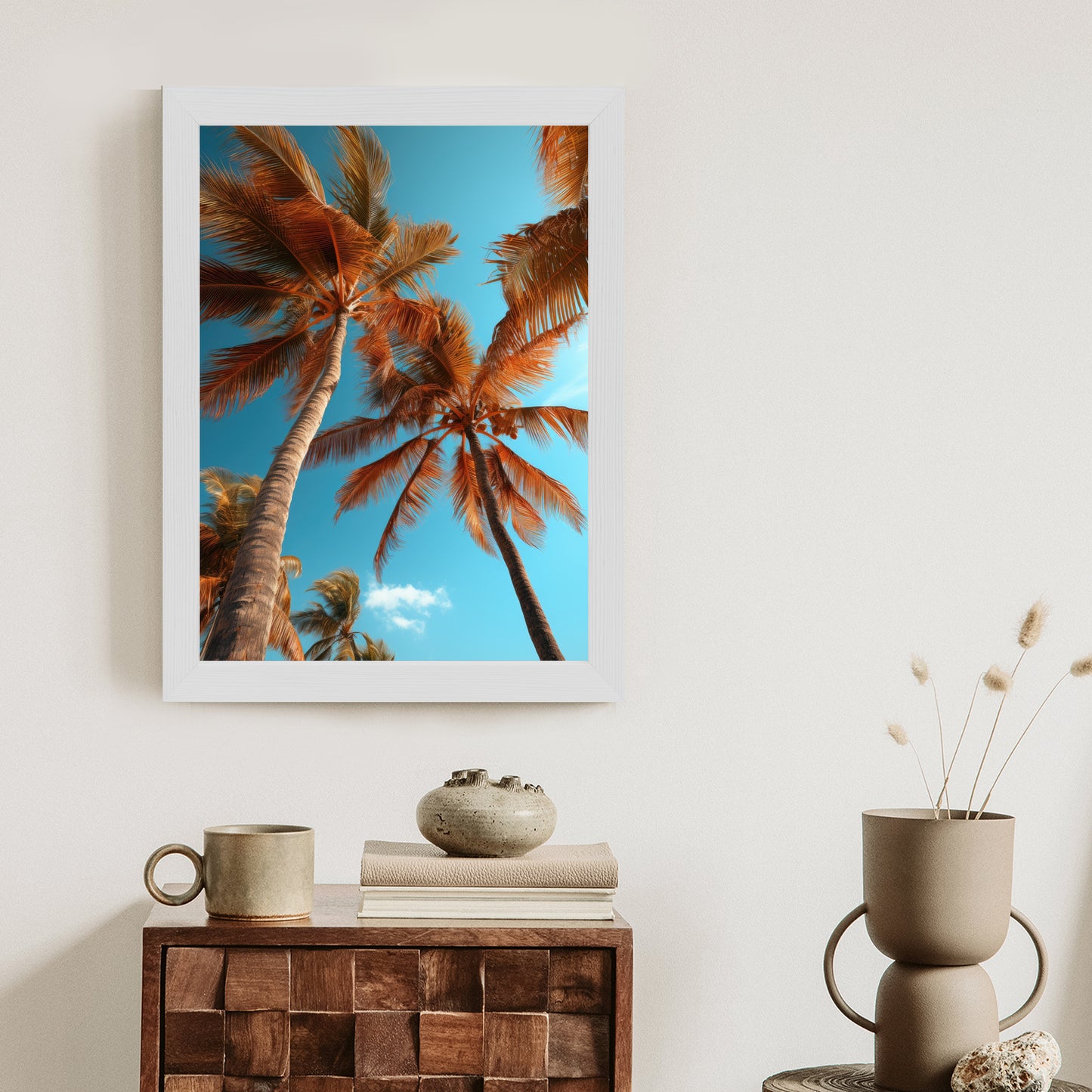 Poster Blauer Himmel Und Hohe Palmen Rahmen Holz Mit Passepartout Farbe Natürlich