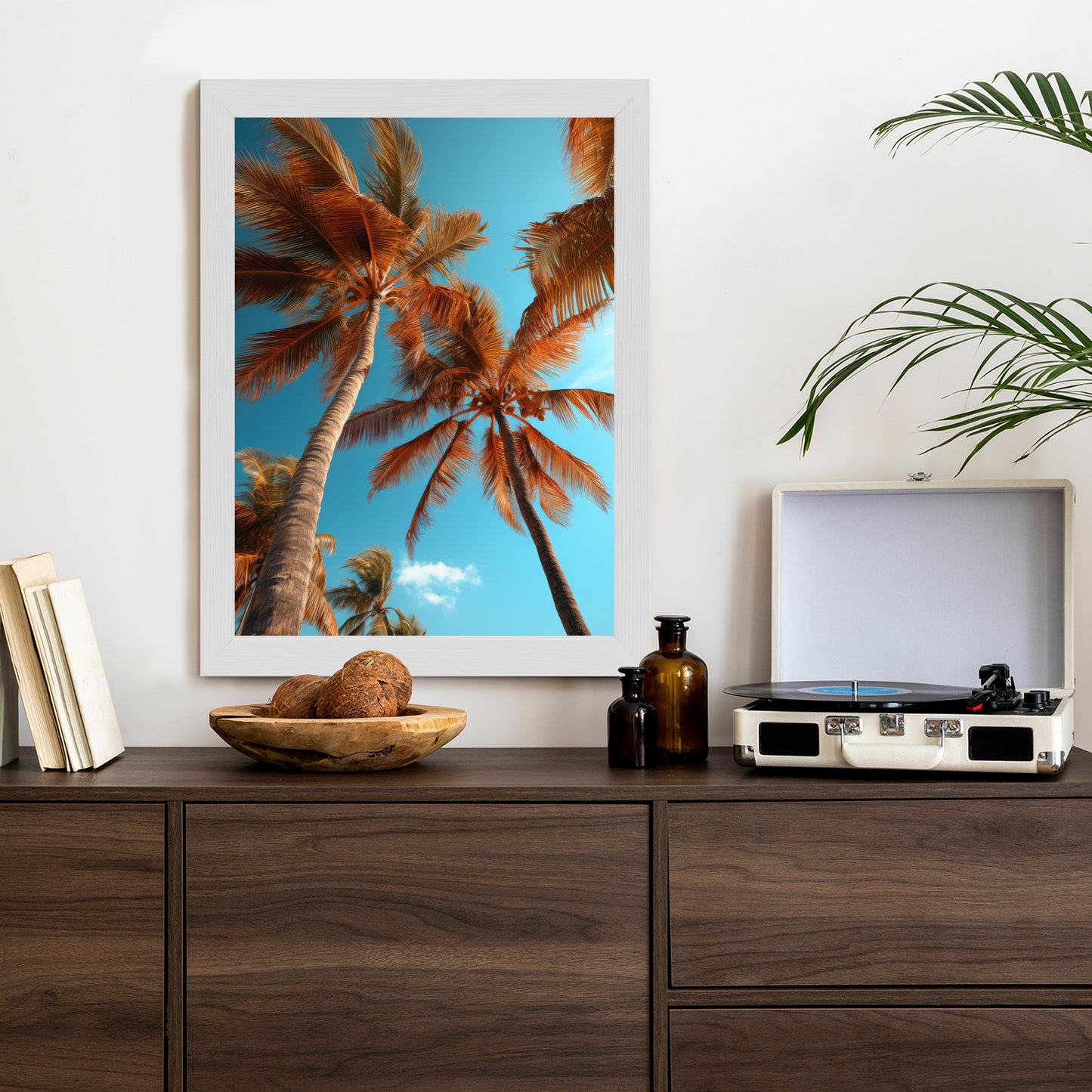 Poster Blauer Himmel Und Hohe Palmen Rahmen Holz Mit Passepartout Farbe Natürlich
