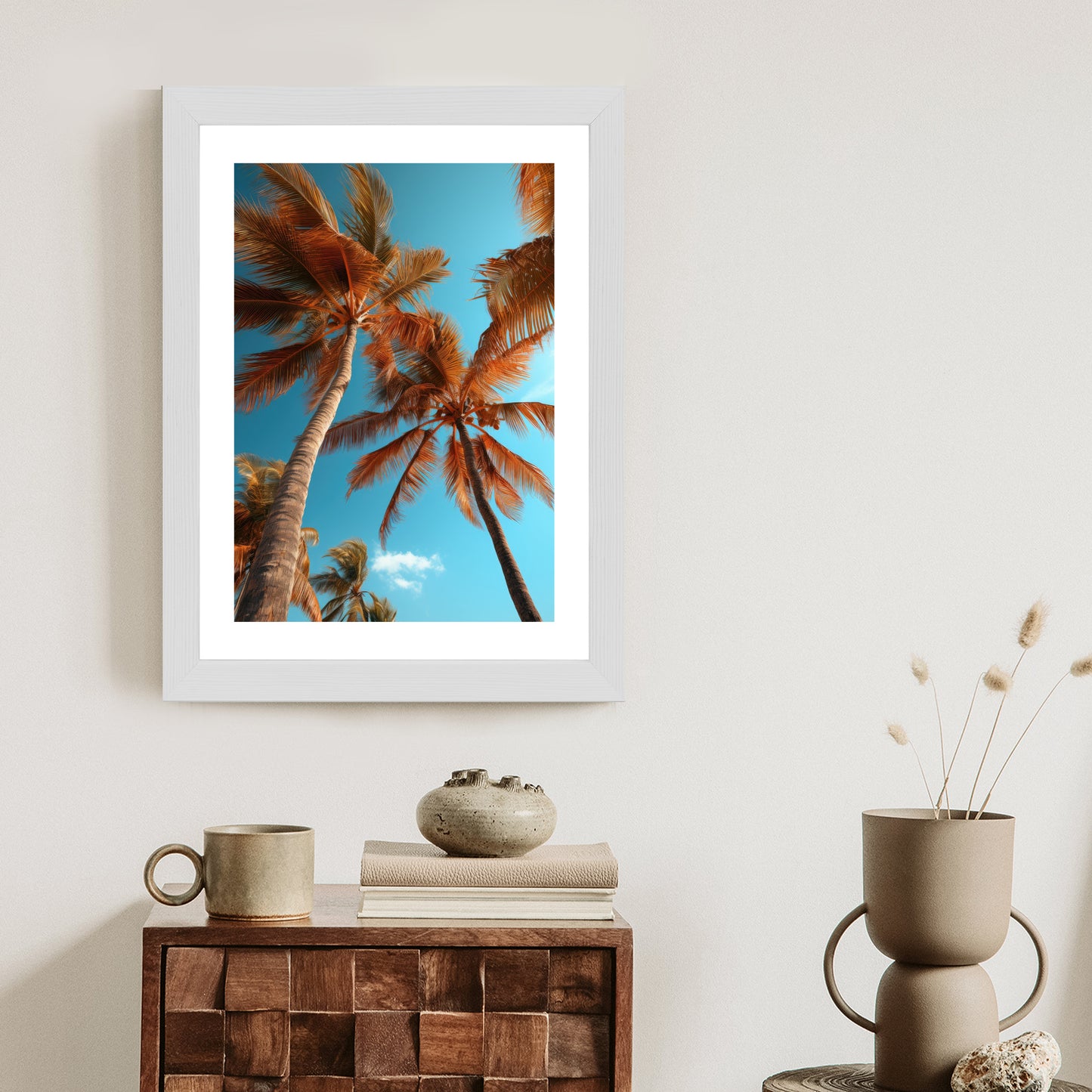 Poster Blauer Himmel Und Hohe Palmen Rahmen Holz Mit Passepartout Farbe Natürlich