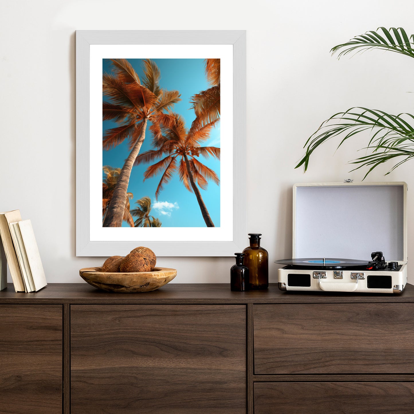 Poster Blauer Himmel Und Hohe Palmen Rahmen Holz Mit Passepartout Farbe Natürlich