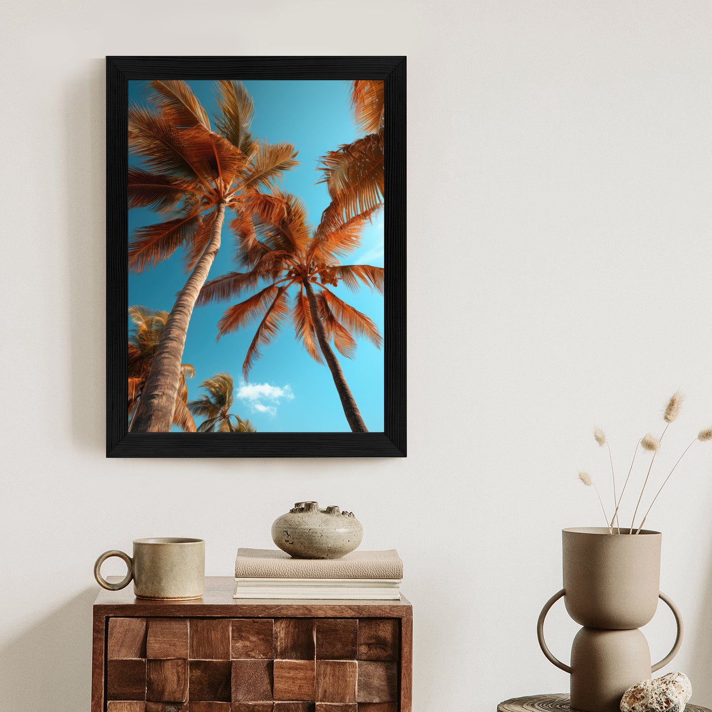 Poster Blauer Himmel Und Hohe Palmen Rahmen Holz Mit Passepartout Farbe Natürlich