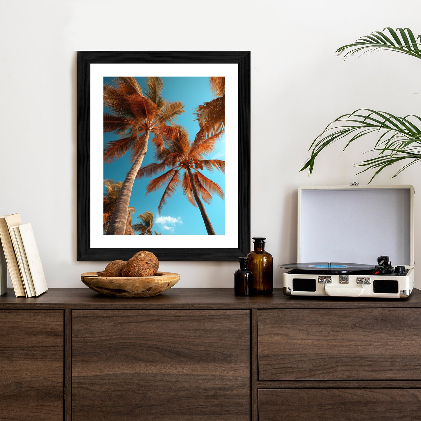 Poster Blauer Himmel Und Hohe Palmen Rahmen Holz Mit Passepartout Farbe Natürlich