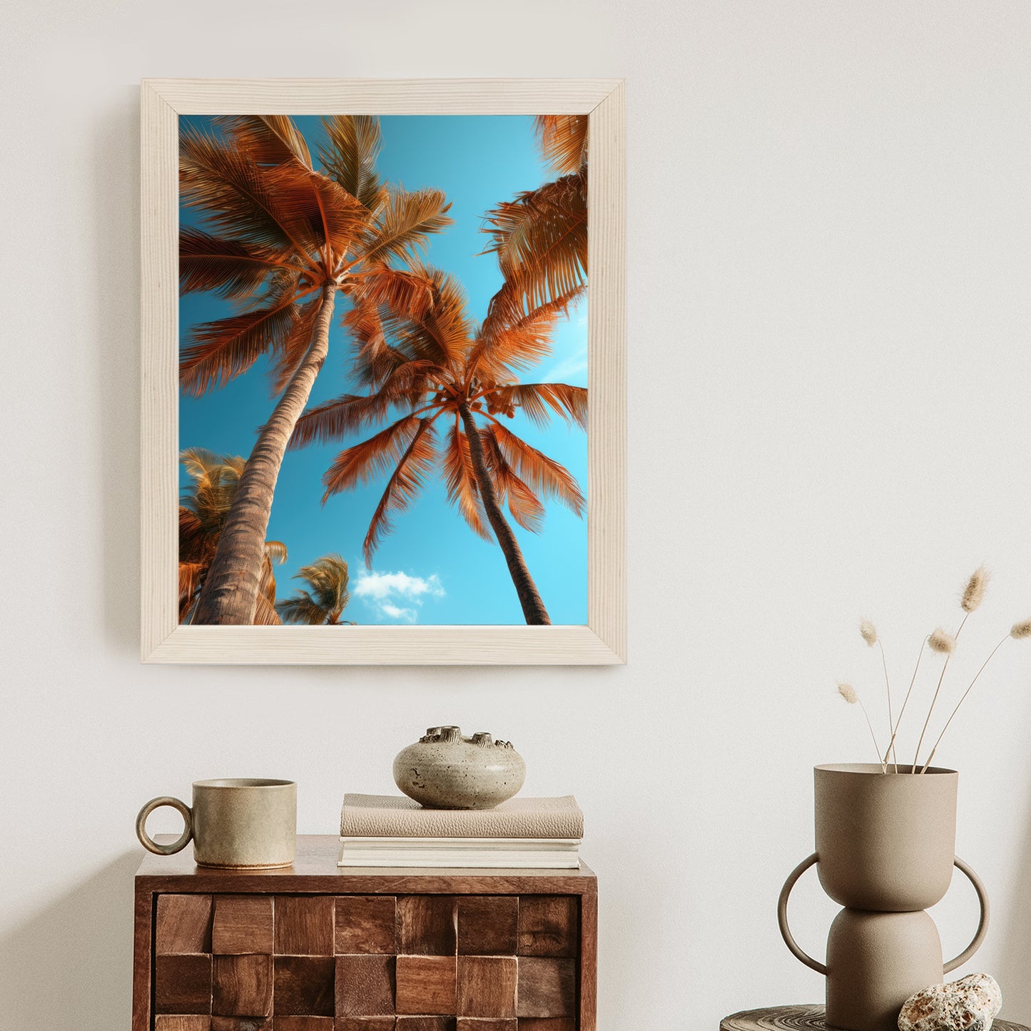 Poster Blauer Himmel Und Hohe Palmen Rahmen Holz Mit Passepartout Farbe Natürlich