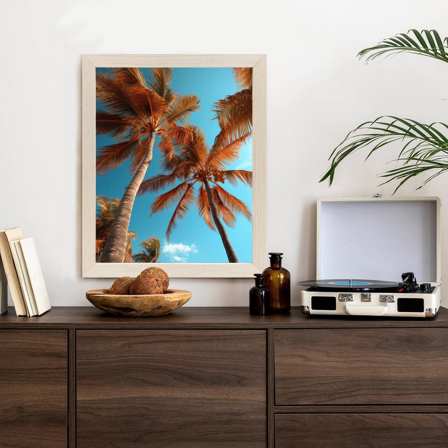 Poster Blauer Himmel Und Hohe Palmen Rahmen Holz Mit Passepartout Farbe Natürlich