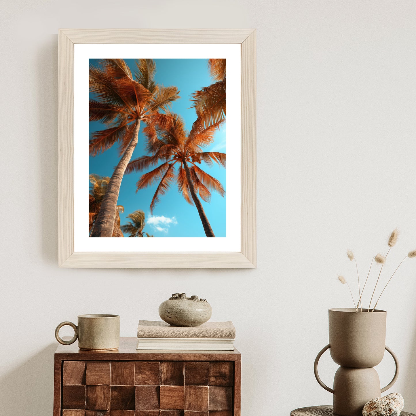 Poster Blauer Himmel Und Hohe Palmen Rahmen Holz Mit Passepartout Farbe Natürlich
