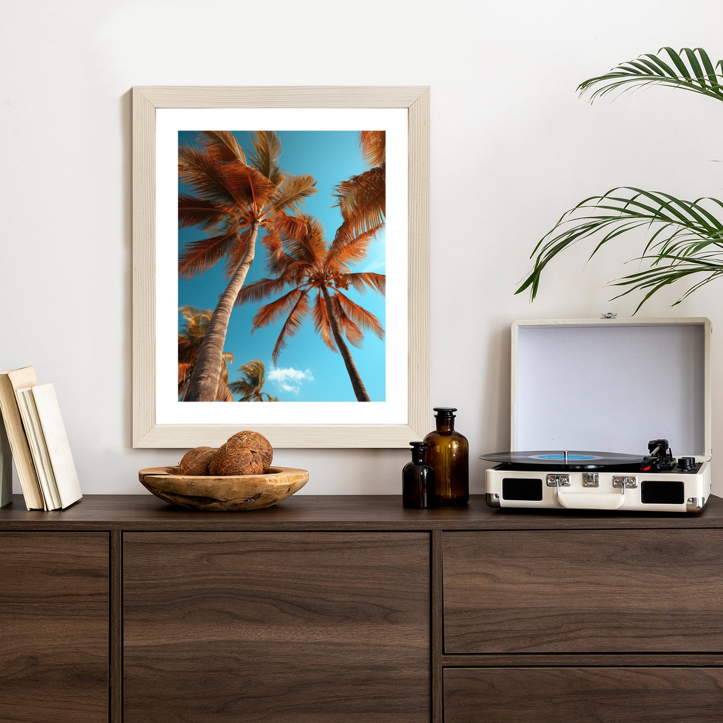 Poster Blauer Himmel Und Hohe Palmen Rahmen Holz Mit Passepartout Farbe Natürlich