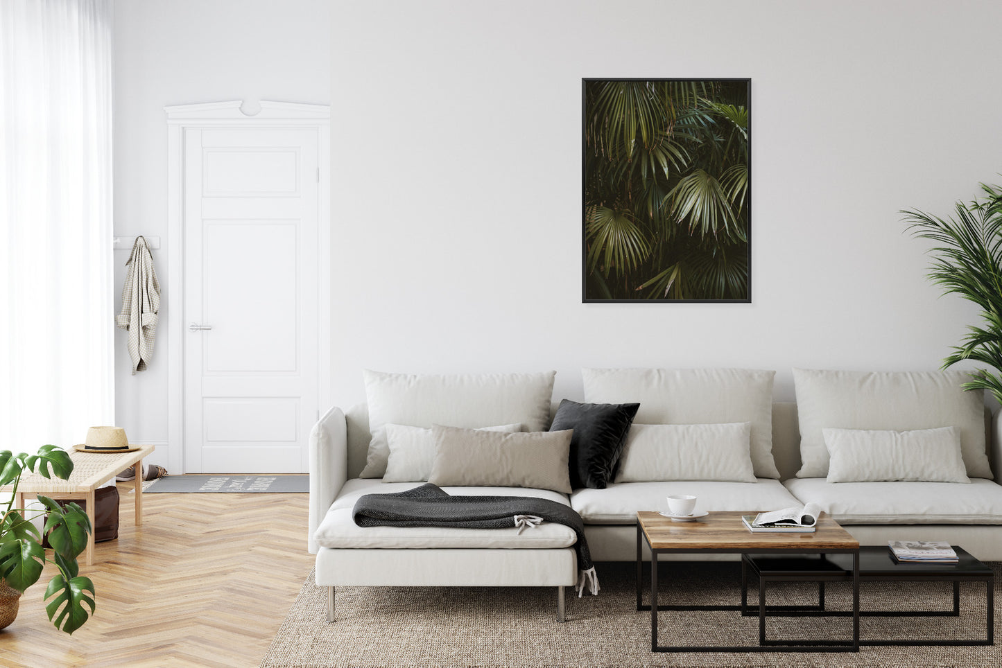 Poster Dunkelgrüne Palmblätter Rahmen Holz Mit Passepartout Farbe Natürlich