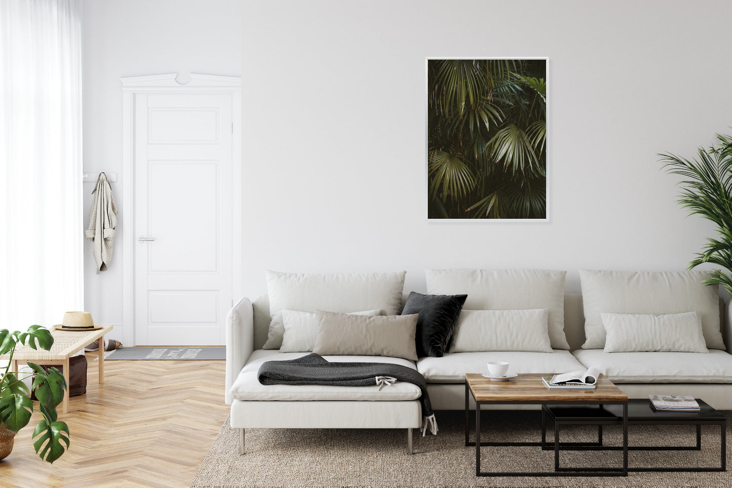 Poster Dunkelgrüne Palmblätter Rahmen Holz Mit Passepartout Farbe Natürlich