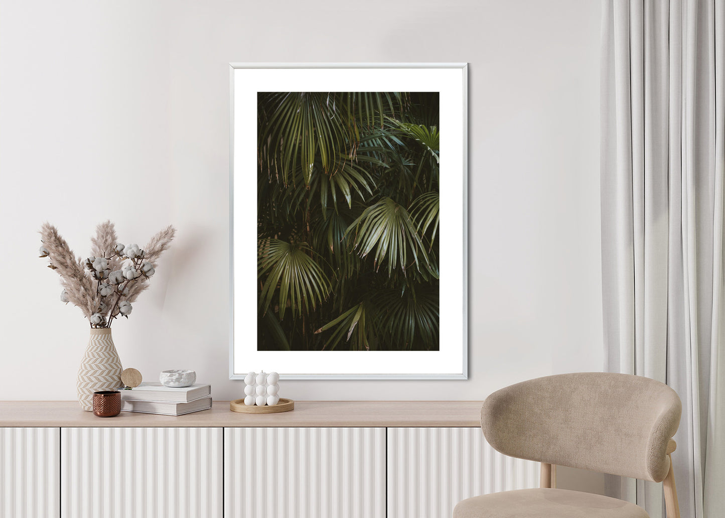 Poster Dunkelgrüne Palmblätter Rahmen Holz Mit Passepartout Farbe Natürlich