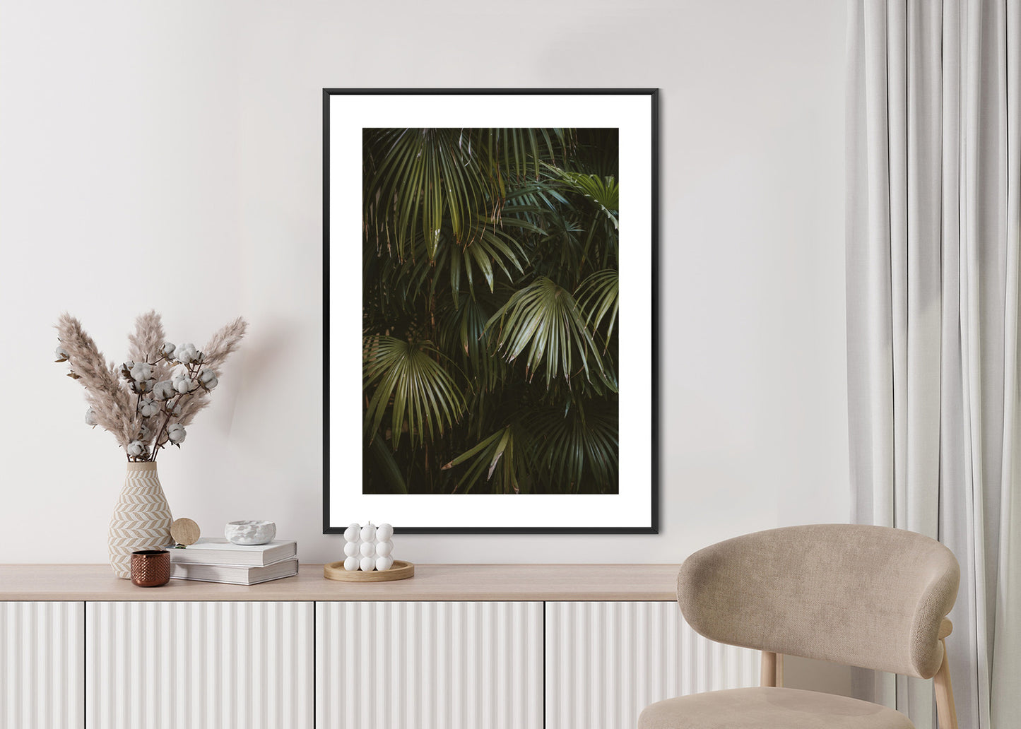 Poster Dunkelgrüne Palmblätter Rahmen Holz Mit Passepartout Farbe Natürlich