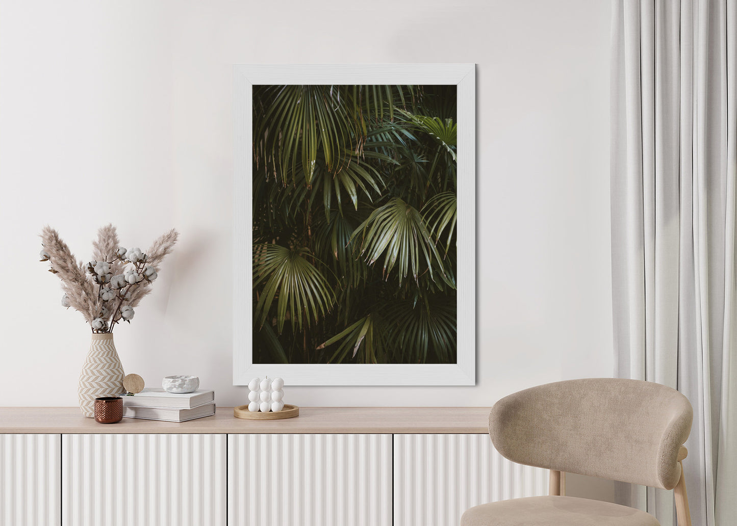Poster Dunkelgrüne Palmblätter Rahmen Holz Mit Passepartout Farbe Natürlich