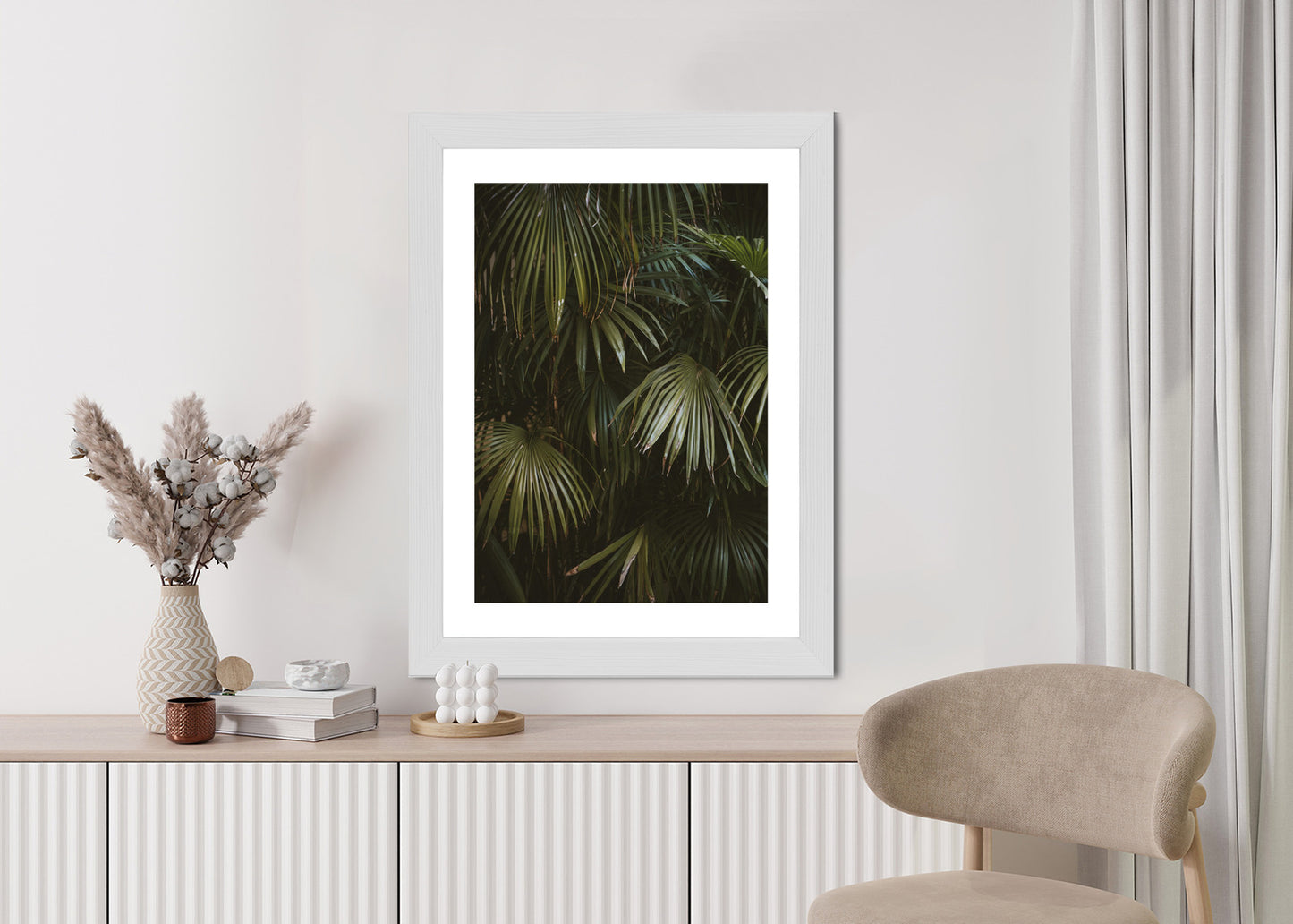 Poster Dunkelgrüne Palmblätter Rahmen Holz Mit Passepartout Farbe Natürlich