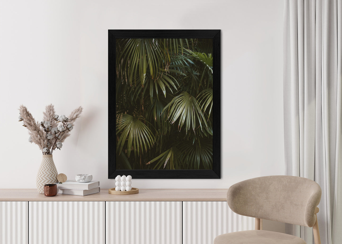 Poster Dunkelgrüne Palmblätter Rahmen Holz Mit Passepartout Farbe Natürlich
