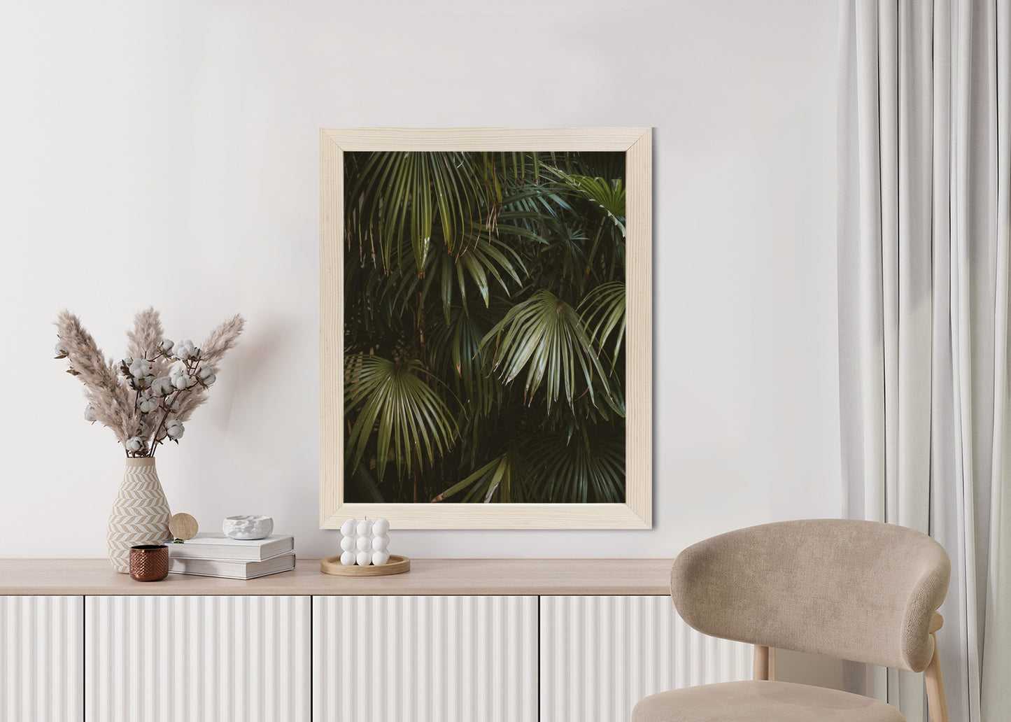Poster Dunkelgrüne Palmblätter Rahmen Holz Mit Passepartout Farbe Natürlich
