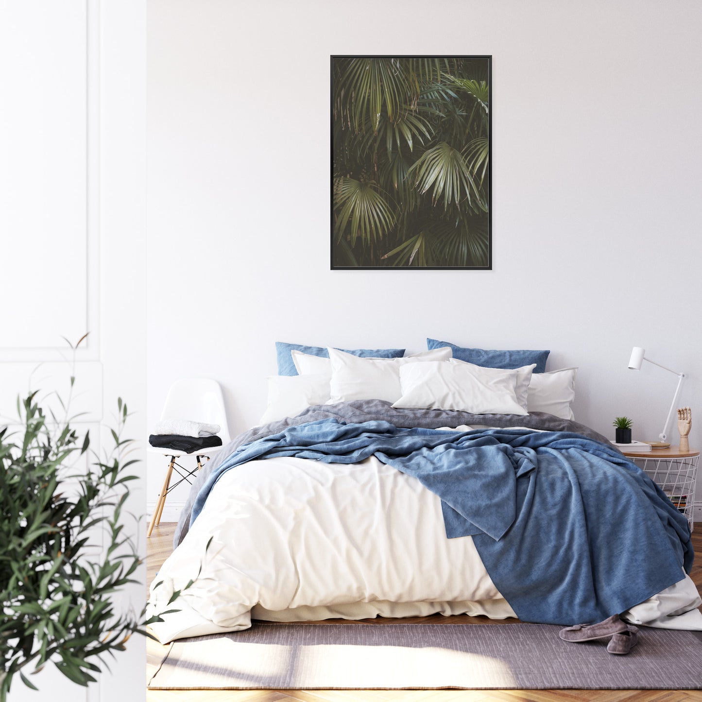 Poster Dunkelgrüne Palmblätter Rahmen Holz Mit Passepartout Farbe Natürlich